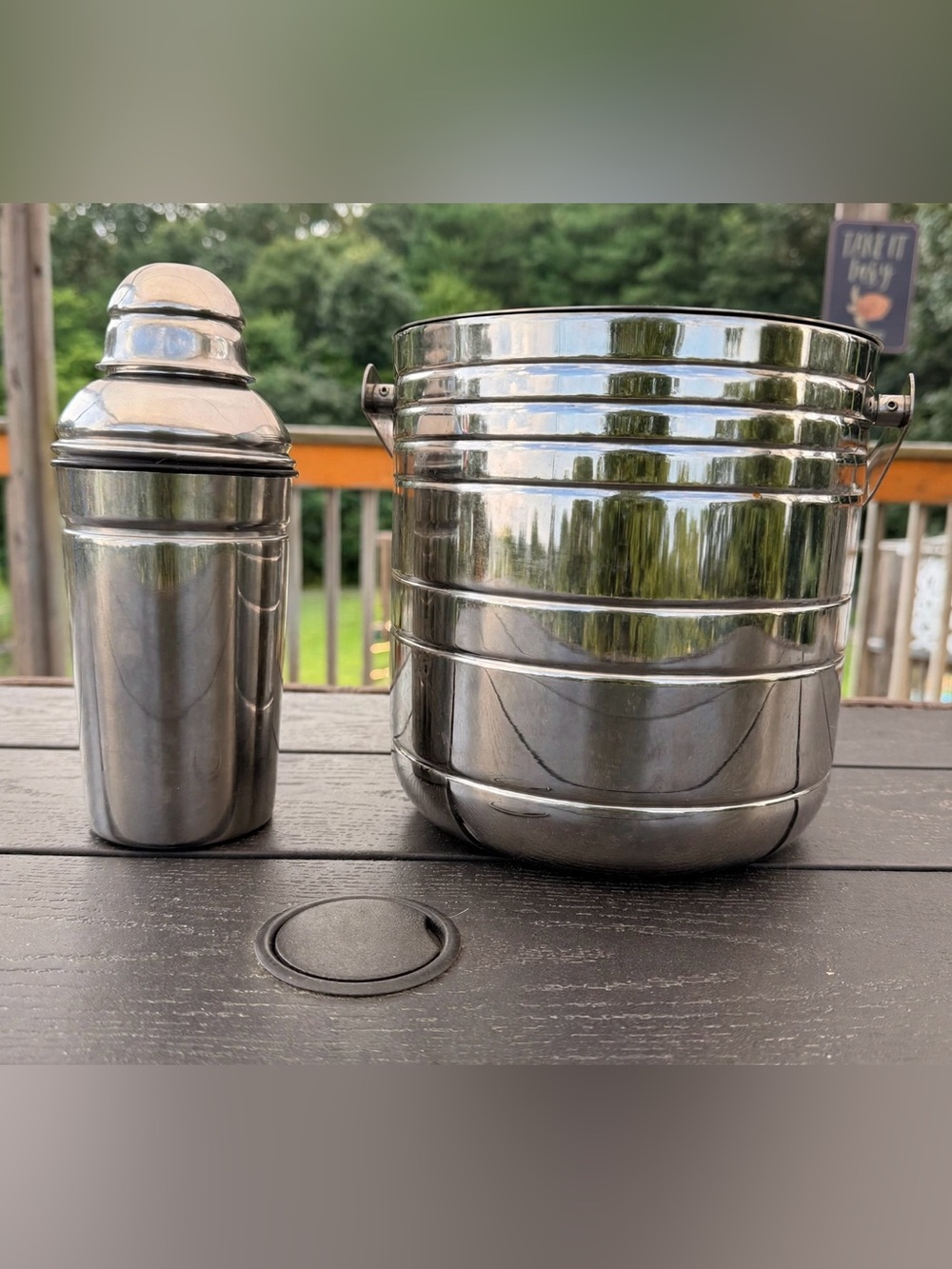 Oneida Stainless Steel Ice Bucket & Mini Cocktail Shaker Set MCM Bar Cart